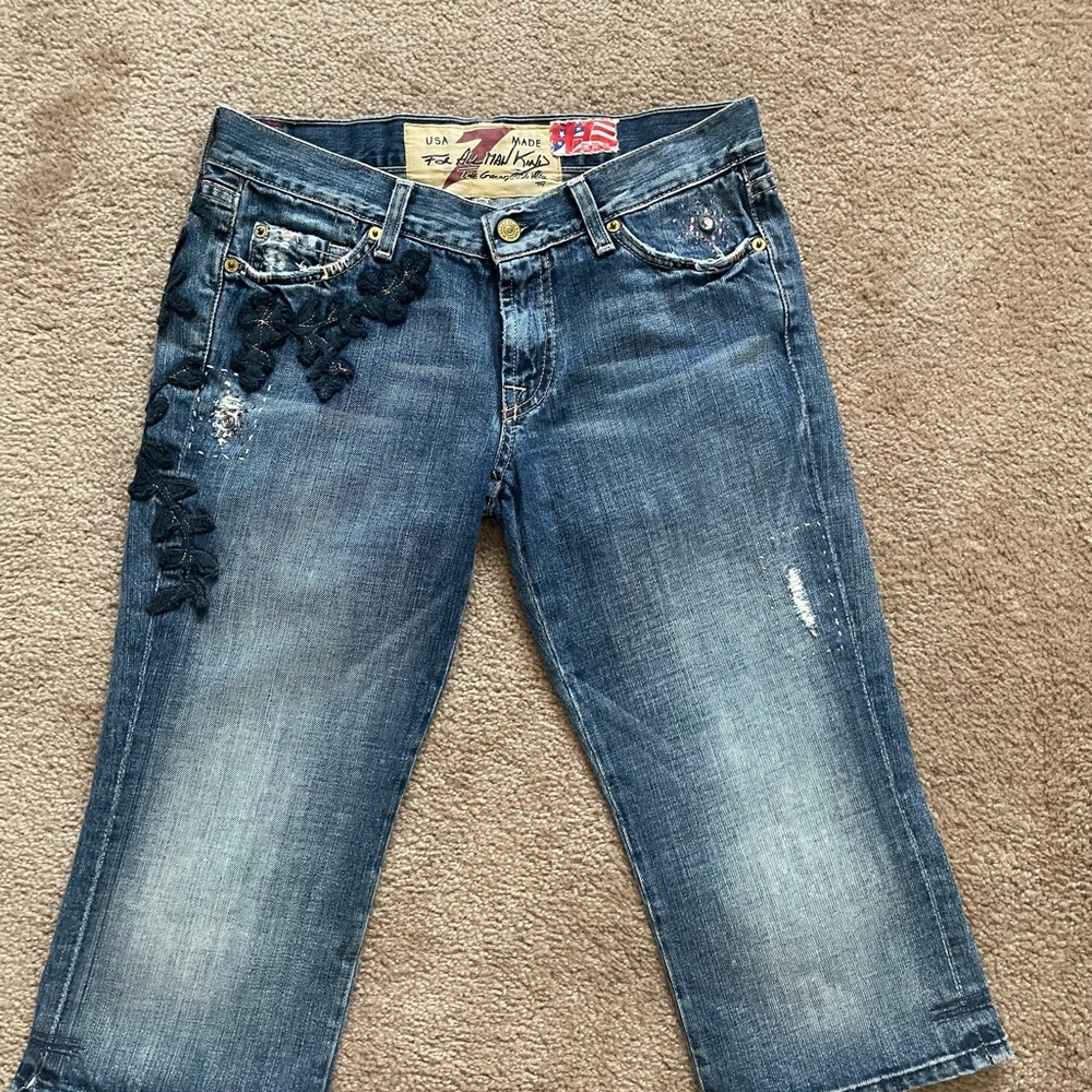 7 For All Mankind Blue Cropped Jeans with Black Lace Detail